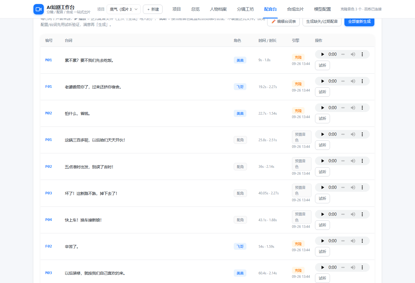 AI短剧工作台配音台:台词列表与试听